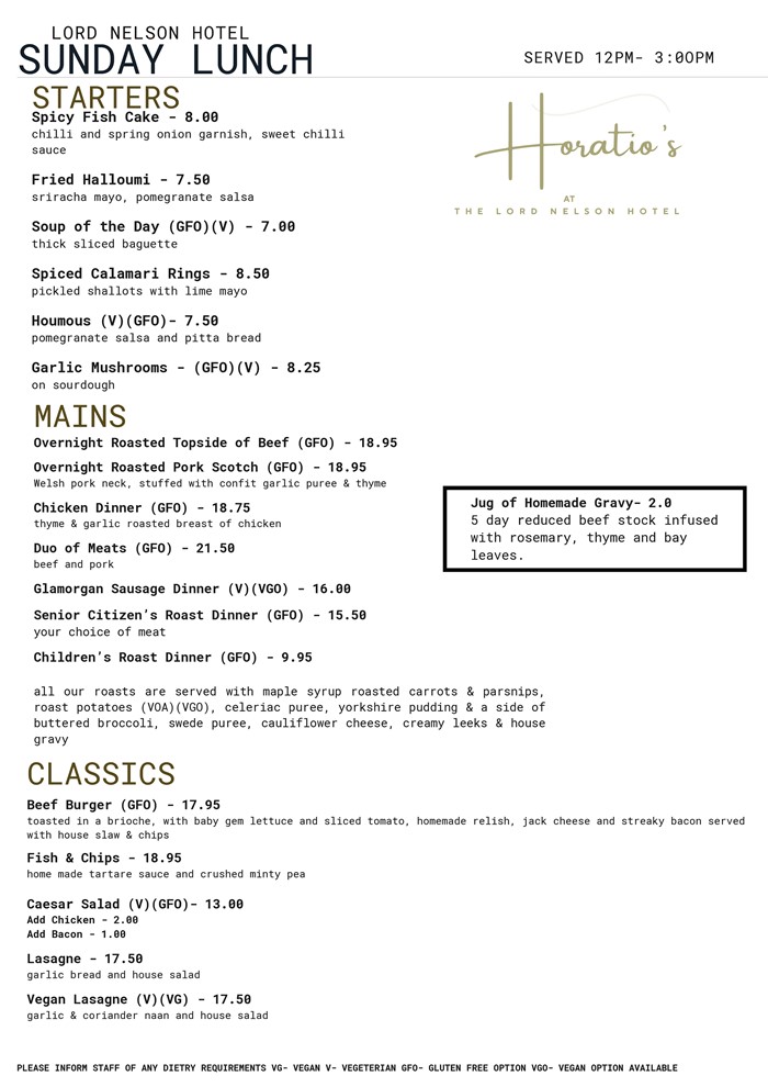 Sunday Lunch Menu Part One