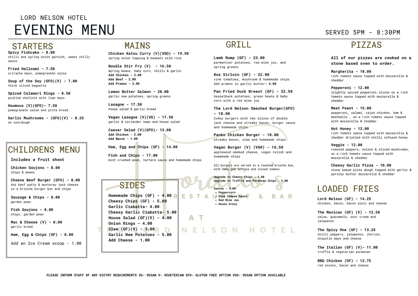 Evening Menu